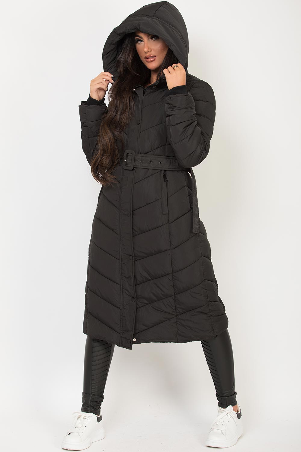 Long Padded Puffer Coat with Belt Black | Xtralitty