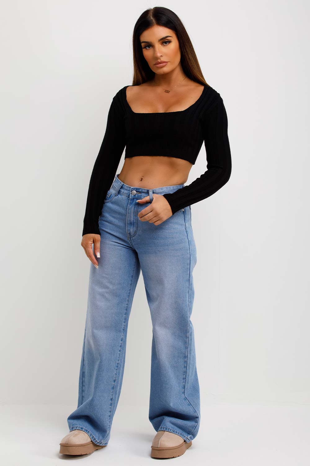 Knitted Square Neck Crop Jumper Black | Xtralitty