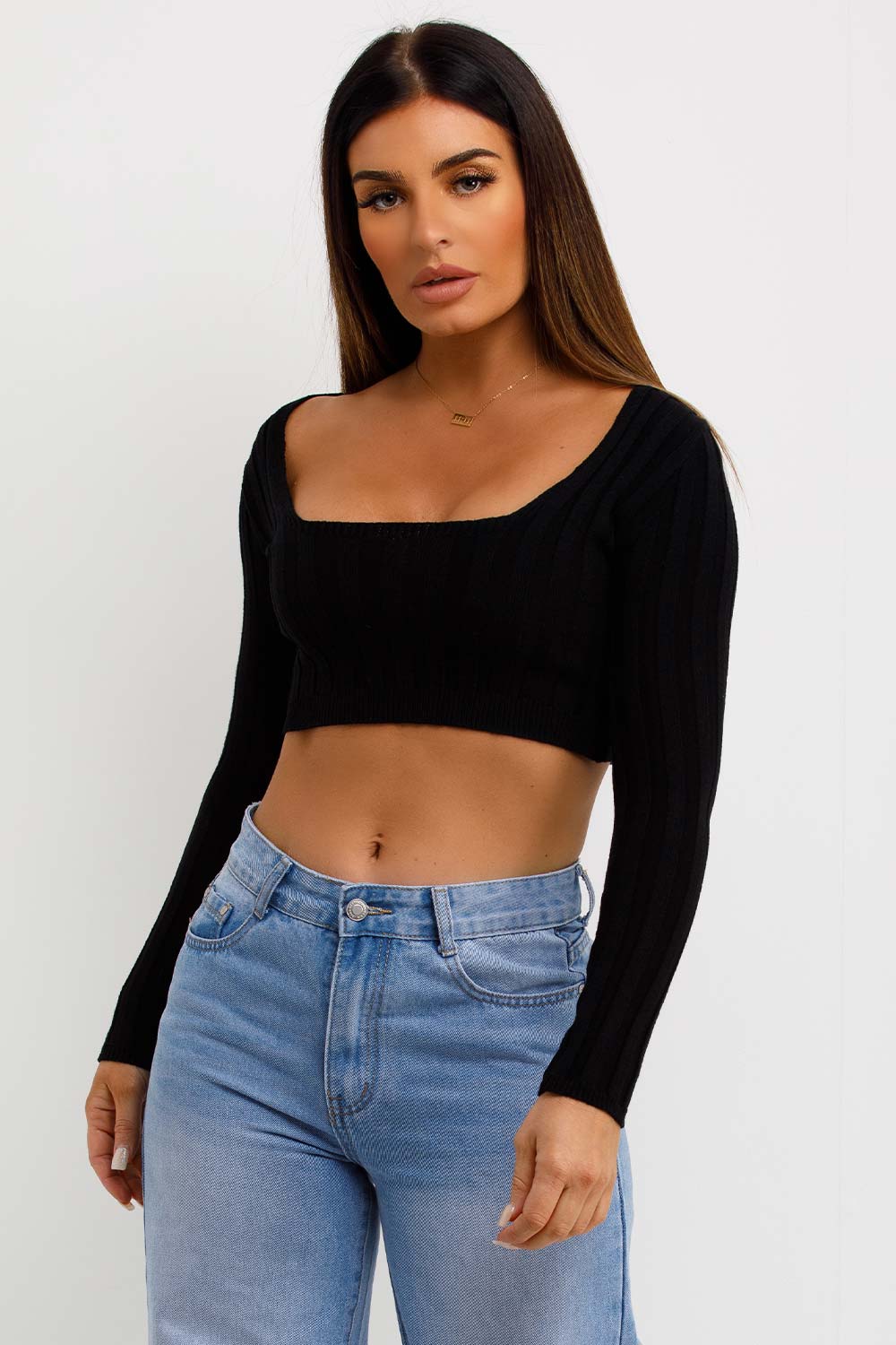 Knitted Square Neck Crop Jumper Black | Xtralitty