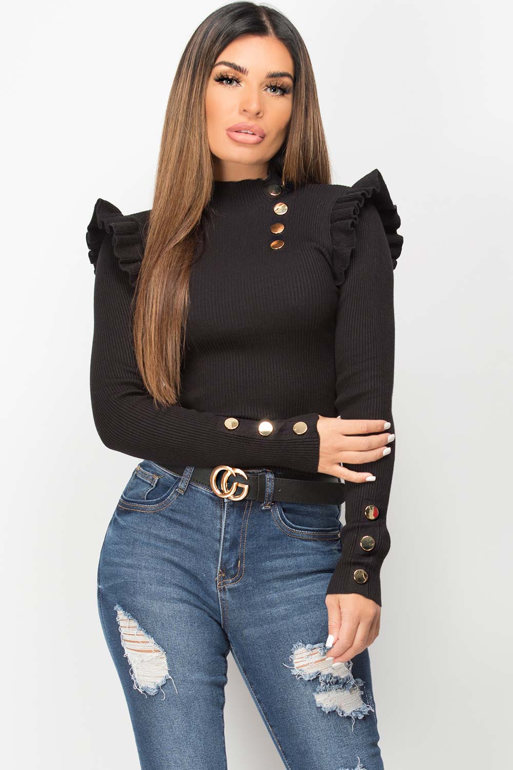 Black Rib Knit Jumper with Frill Gold Button Det | Xtralitty