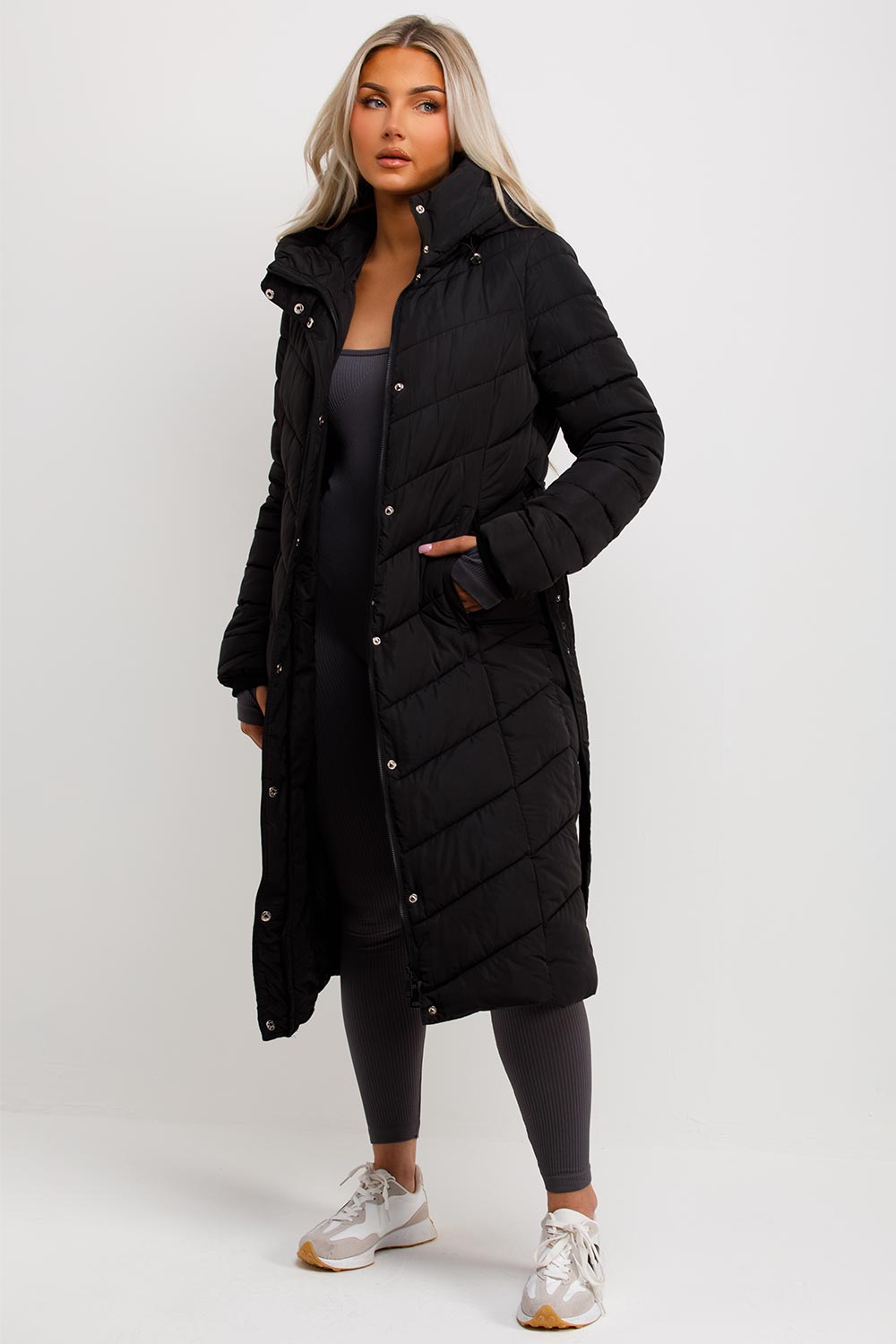 Long Padded Puffer Coat with Belt Black | Xtralitty