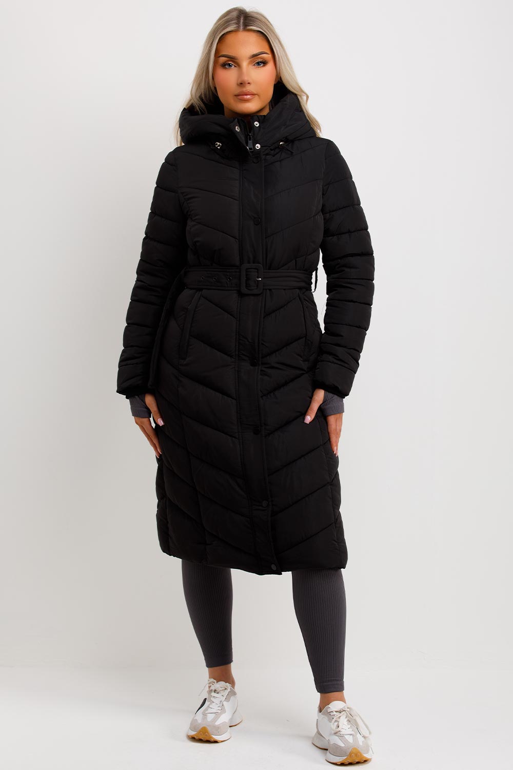 Long Padded Puffer Coat with Belt Black | Xtralitty
