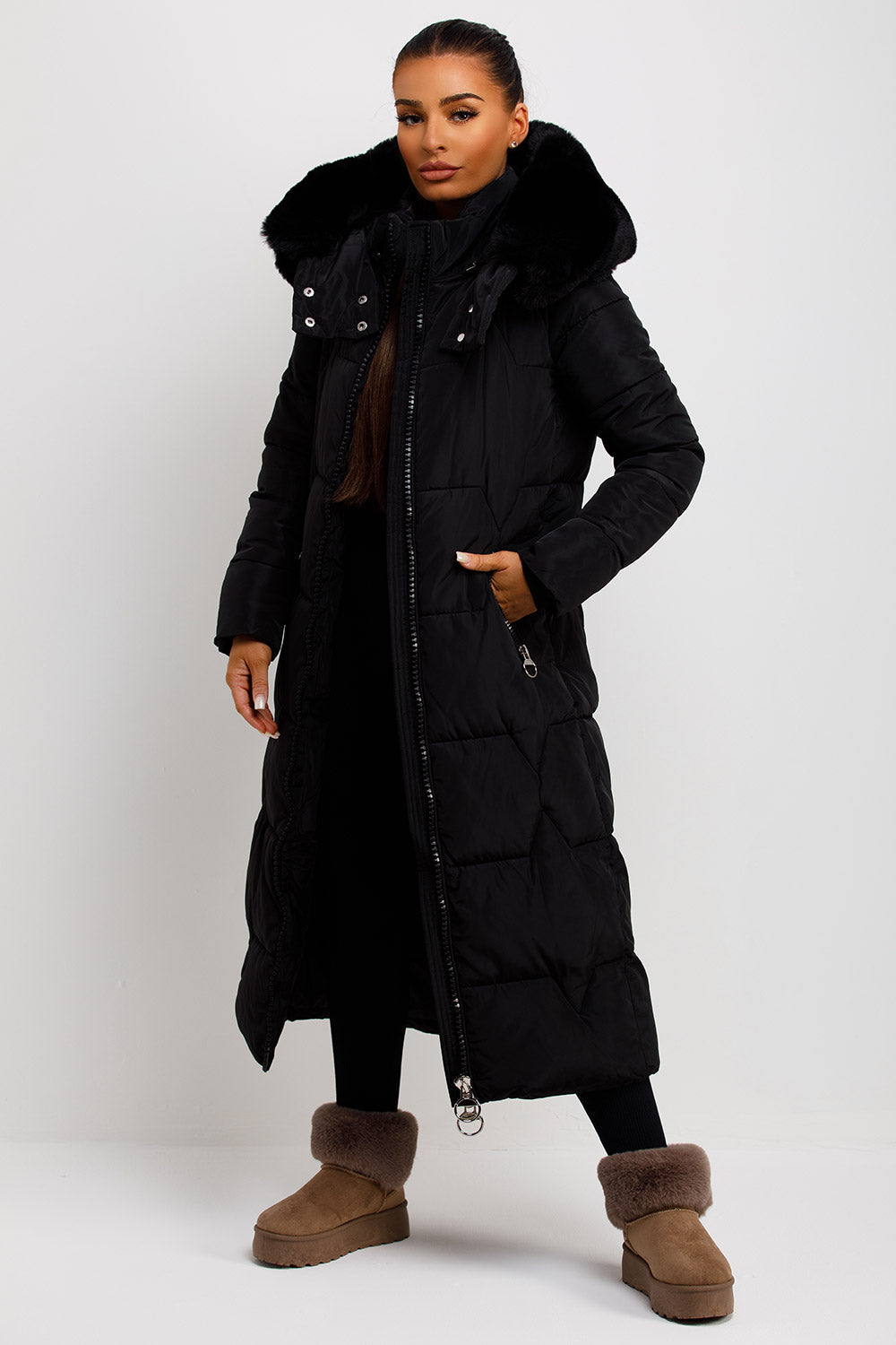 Long Puffer Padded Coat with Faux Fur Hood Black | Xtralitty