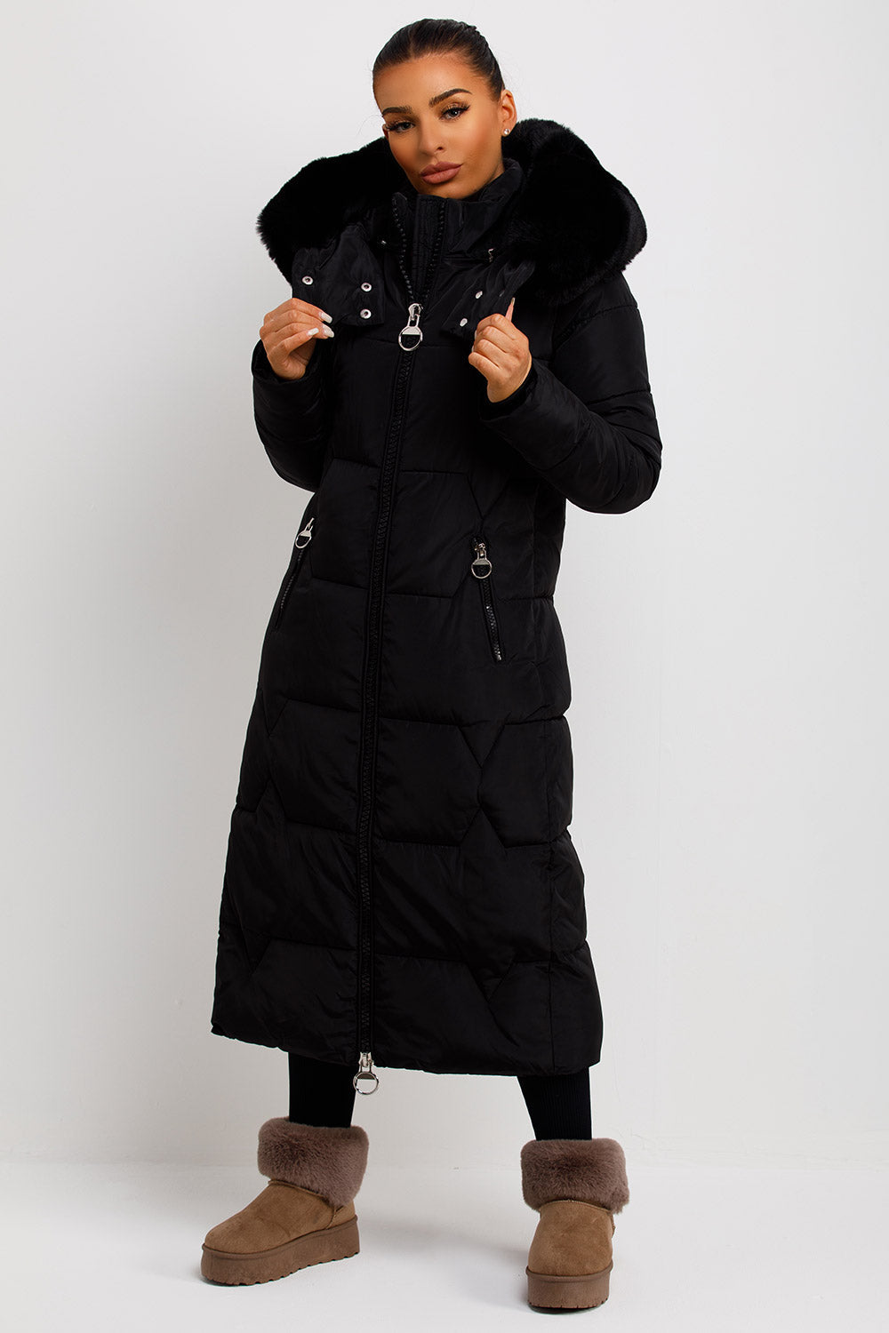 Long Puffer Padded Coat with Faux Fur Hood Black | Xtralitty