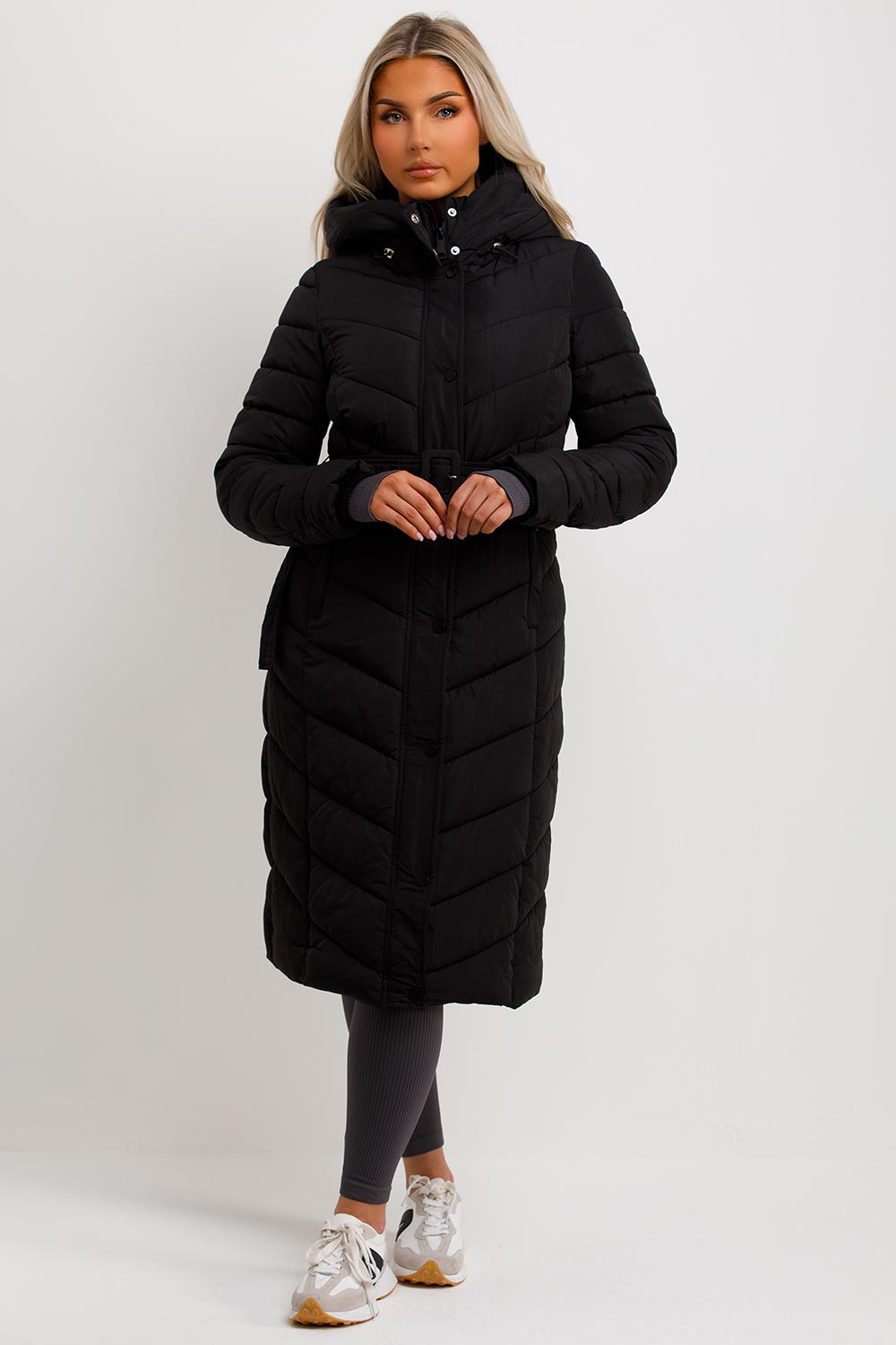 Long Padded Puffer Coat with Belt Black | Xtralitty