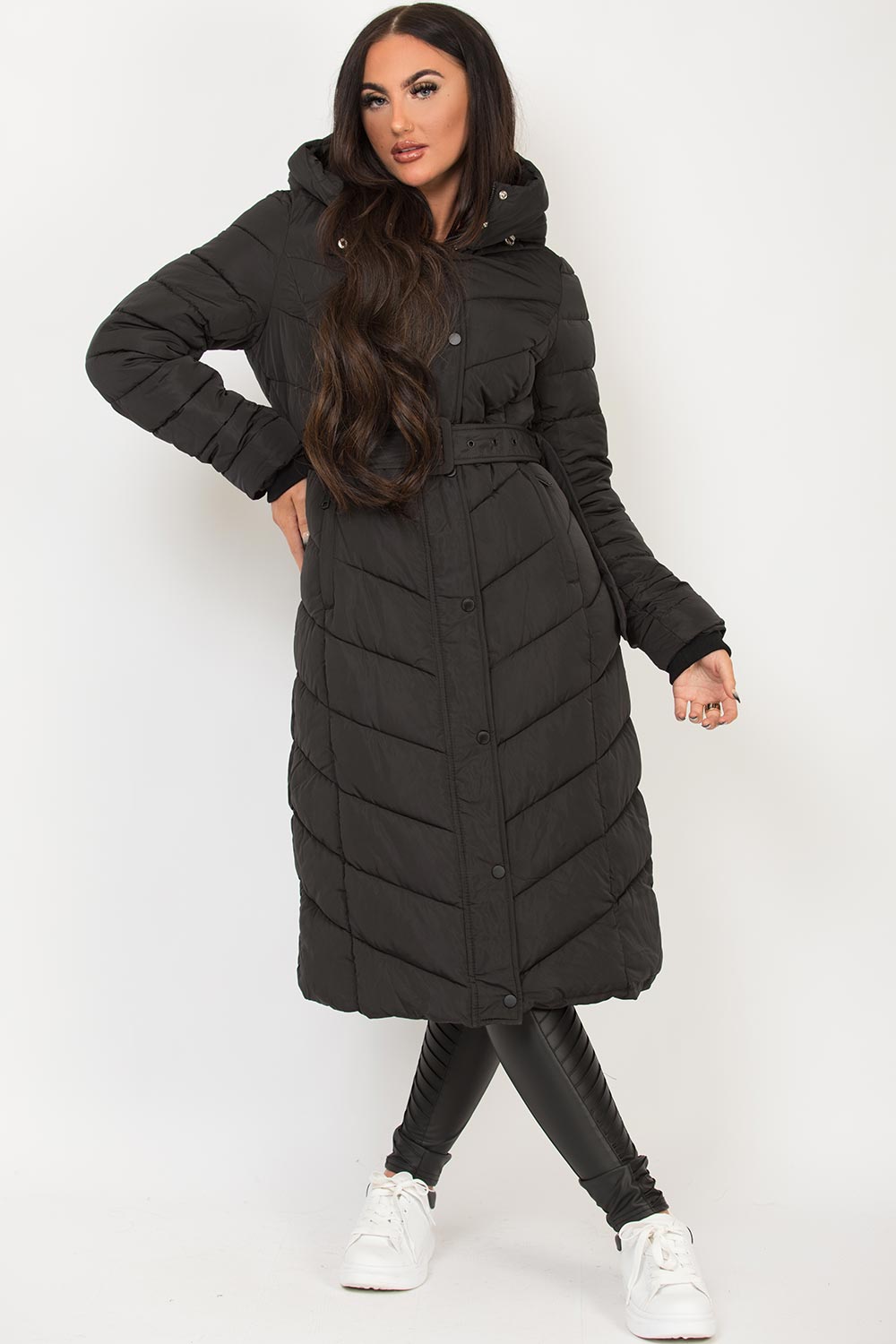 Long Padded Puffer Coat with Belt Black | Xtralitty
