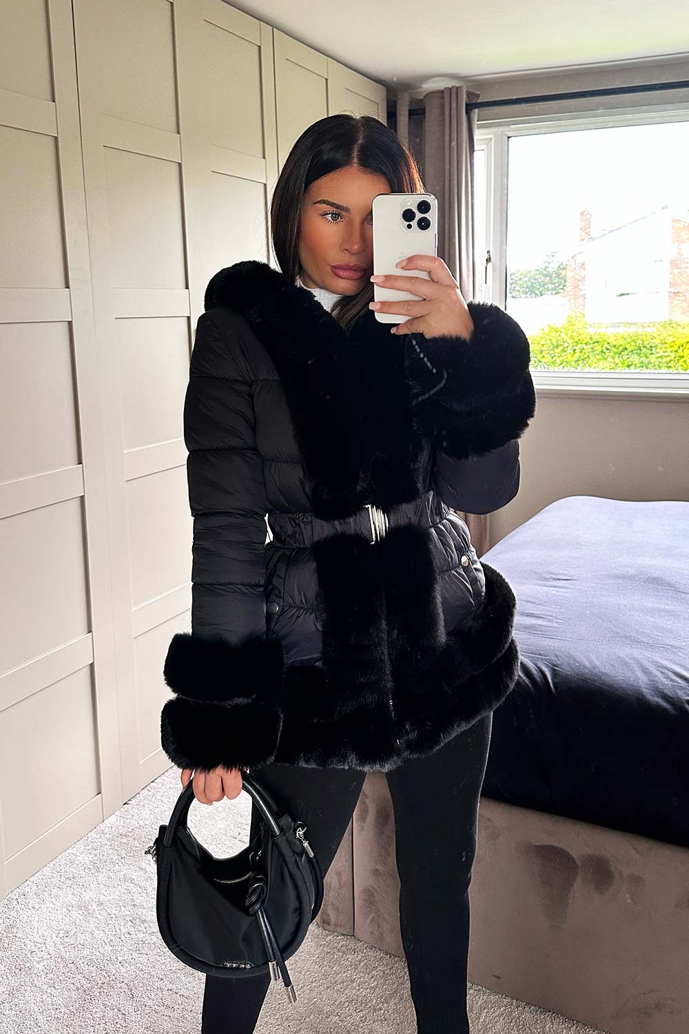 Faux Fur Trim Puffer Hooded Down Jacket with Bel | Xtralitty