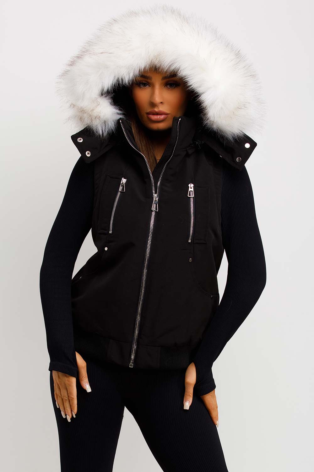 Black Gilet with Faux Fur Hood | Xtralitty