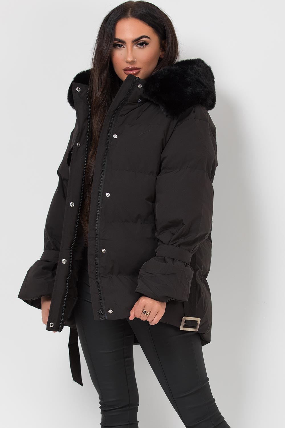 Black Puffer Padded Coat with Faux Fur Hood | Xtralitty