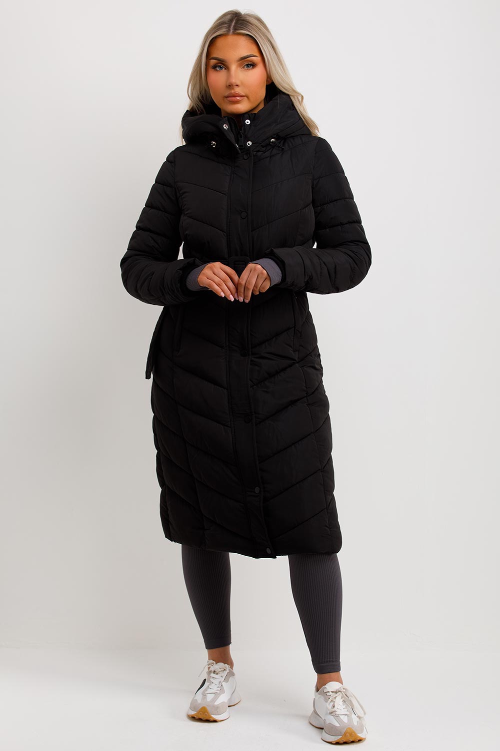 Long Padded Puffer Coat with Belt Black | Xtralitty
