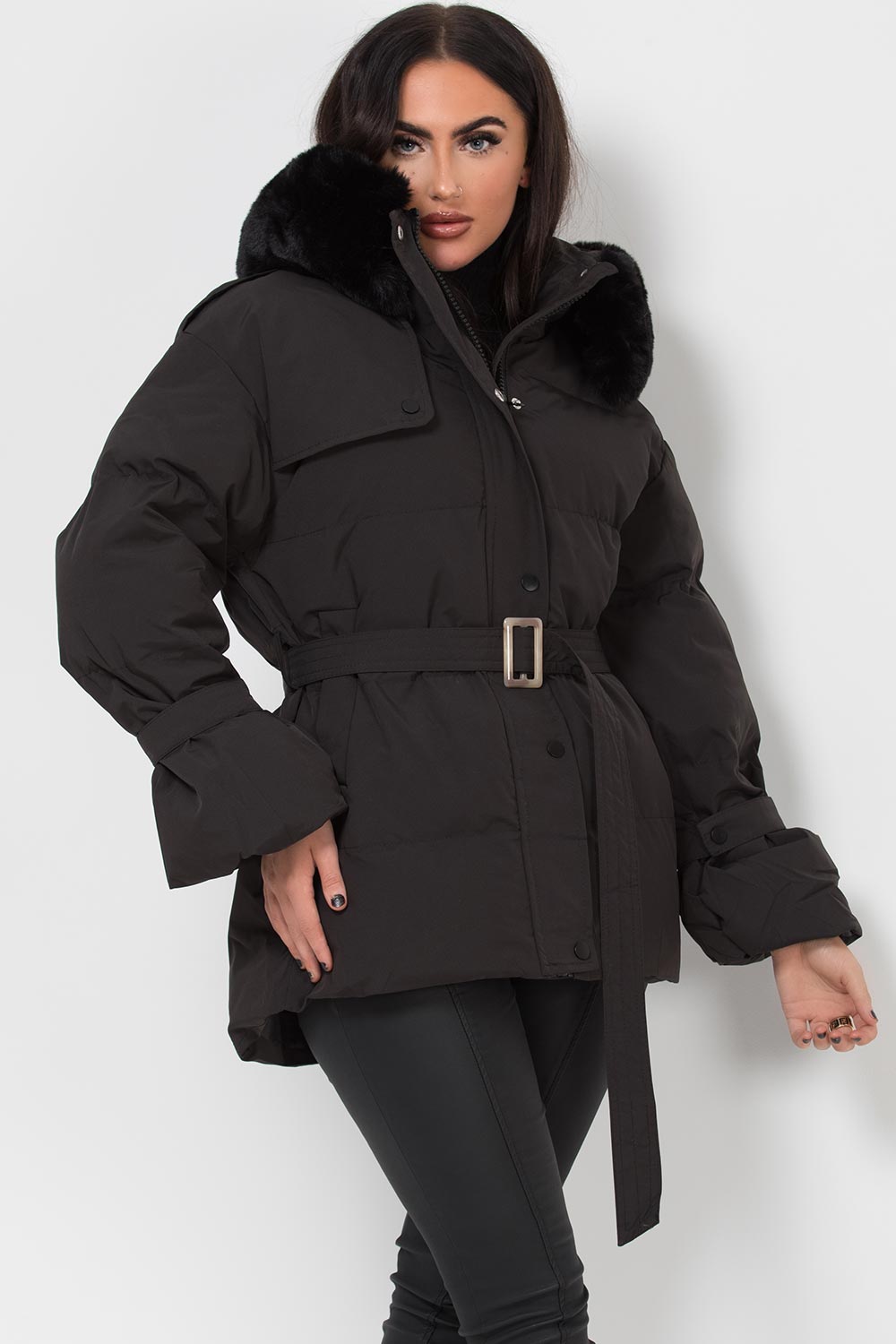 Black Puffer Padded Coat with Faux Fur Hood | Xtralitty
