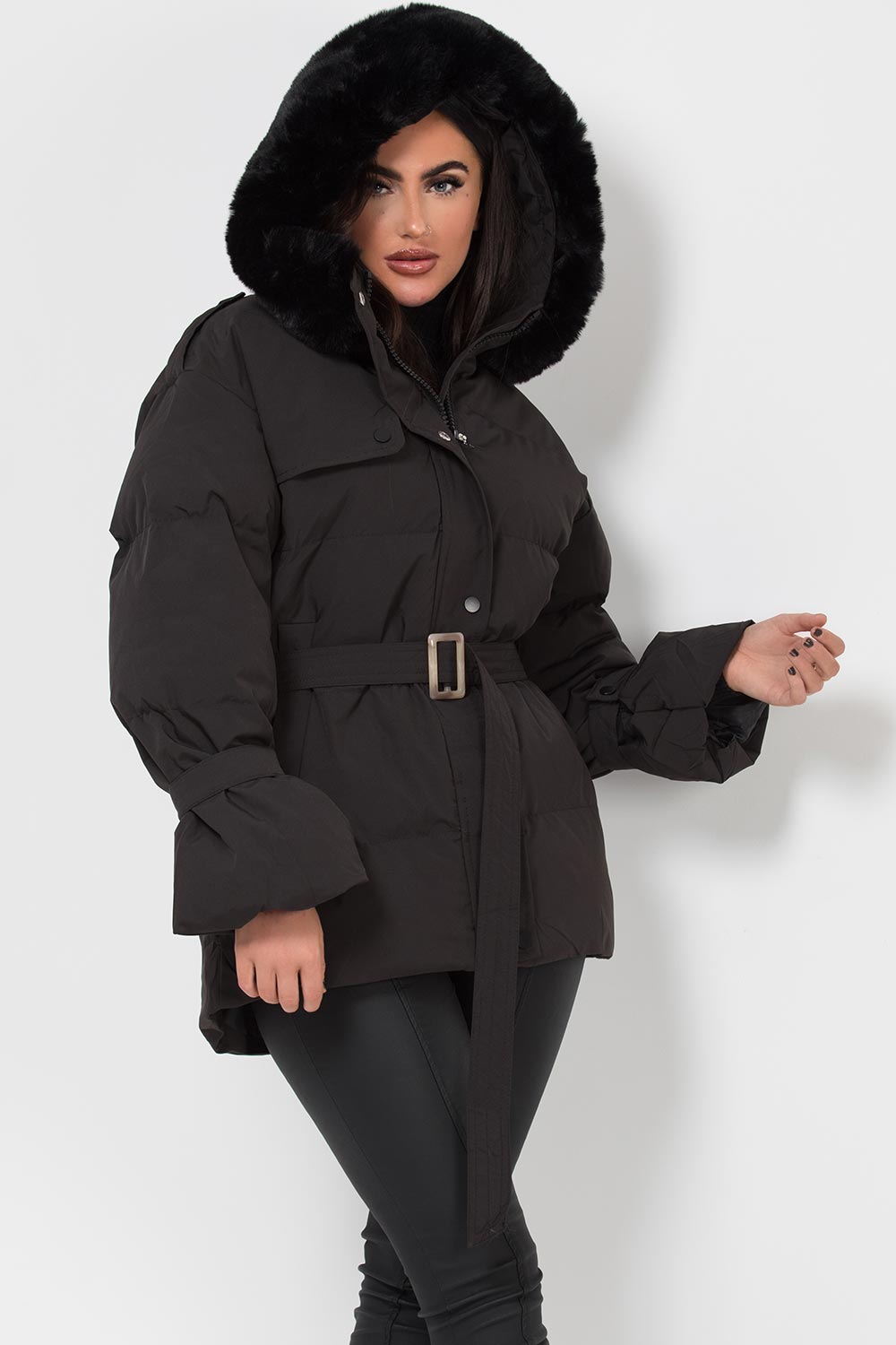 Black Puffer Padded Coat with Faux Fur Hood | Xtralitty