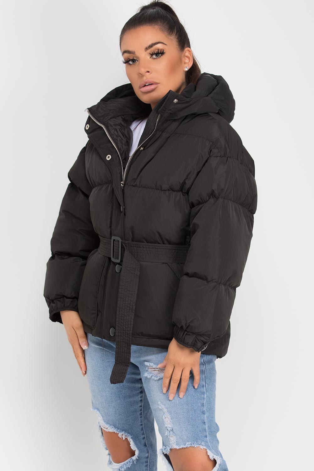 Black Puffer Padded Jacket with Belt | Xtralitty