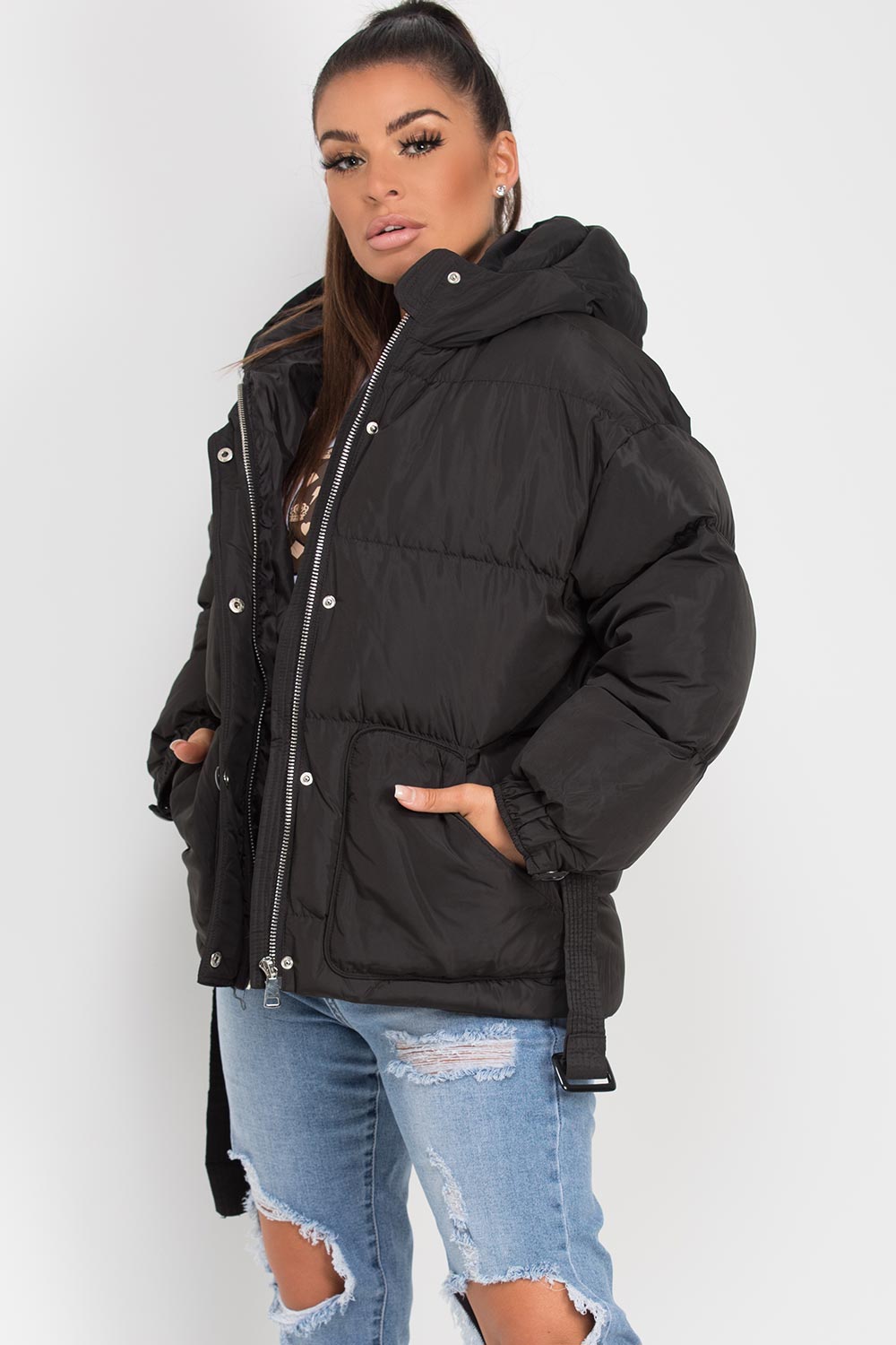 Black Puffer Padded Jacket with Belt | Xtralitty