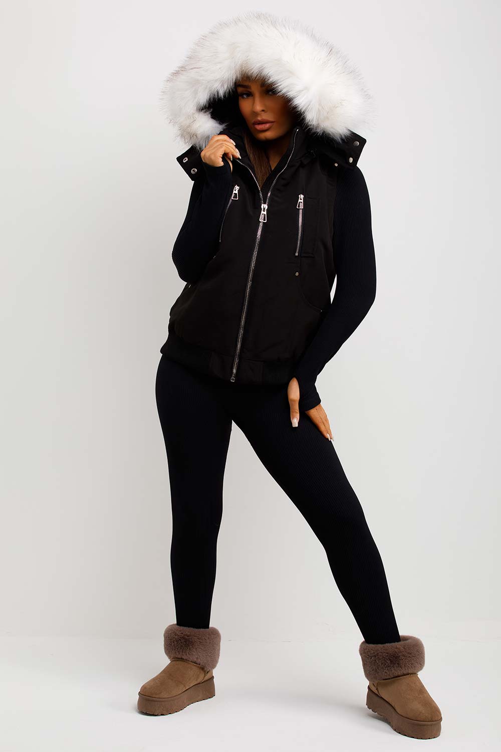 Black Gilet with Faux Fur Hood | Xtralitty