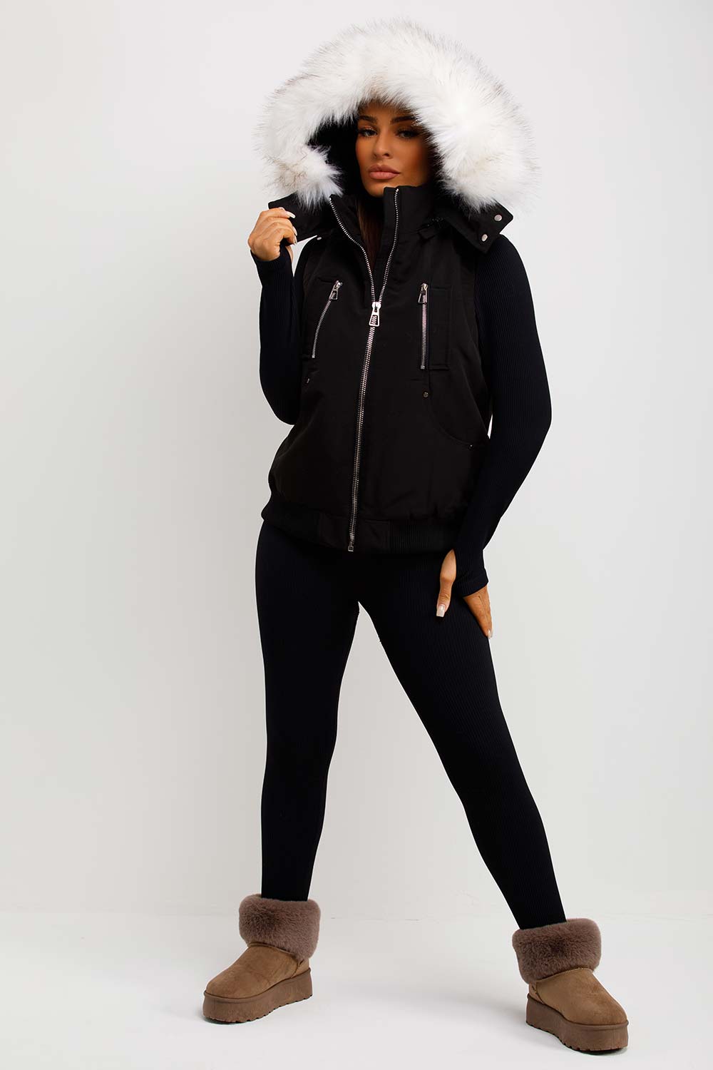 Black Gilet with Faux Fur Hood | Xtralitty