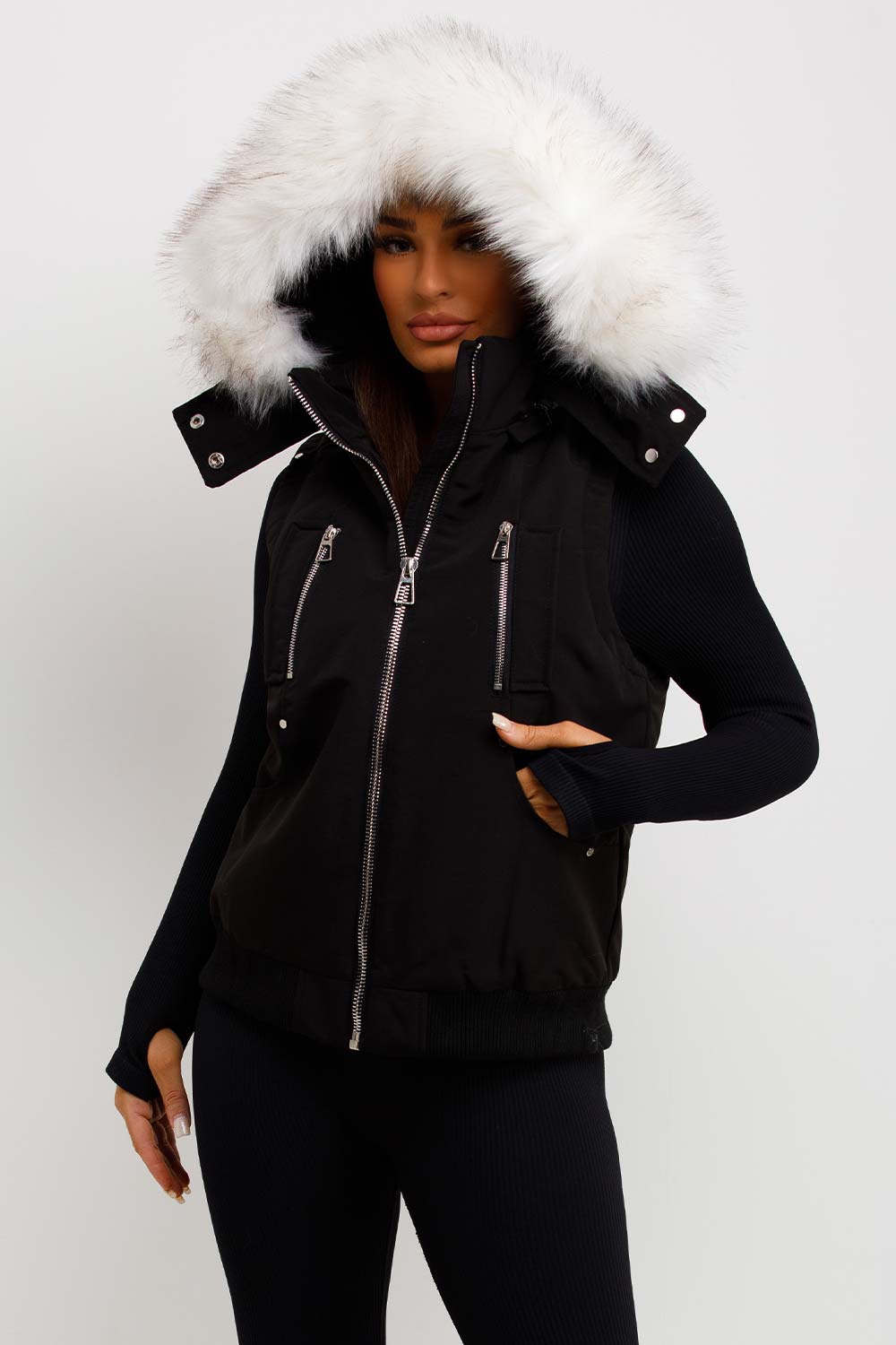 Black Gilet with Faux Fur Hood | Xtralitty