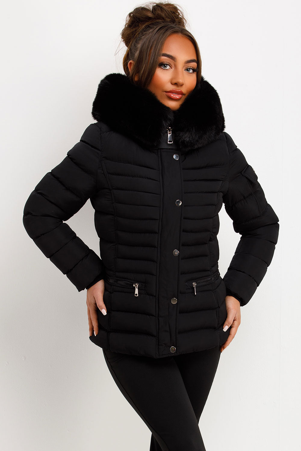 Puffer Jacket with Faux Fur Hood Side Buckle Det | Xtralitty
