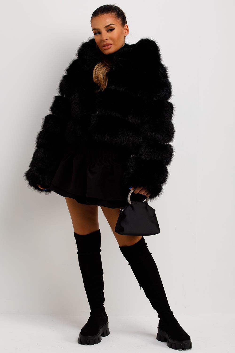 Faux Fur Coat with Hood Black | Xtralitty