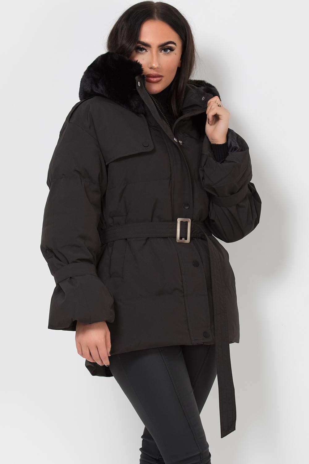 Black Puffer Padded Coat with Faux Fur Hood | Xtralitty