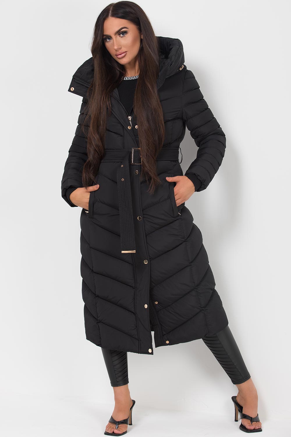 Long Puffer Down Coat with Belt Black | Xtralitty