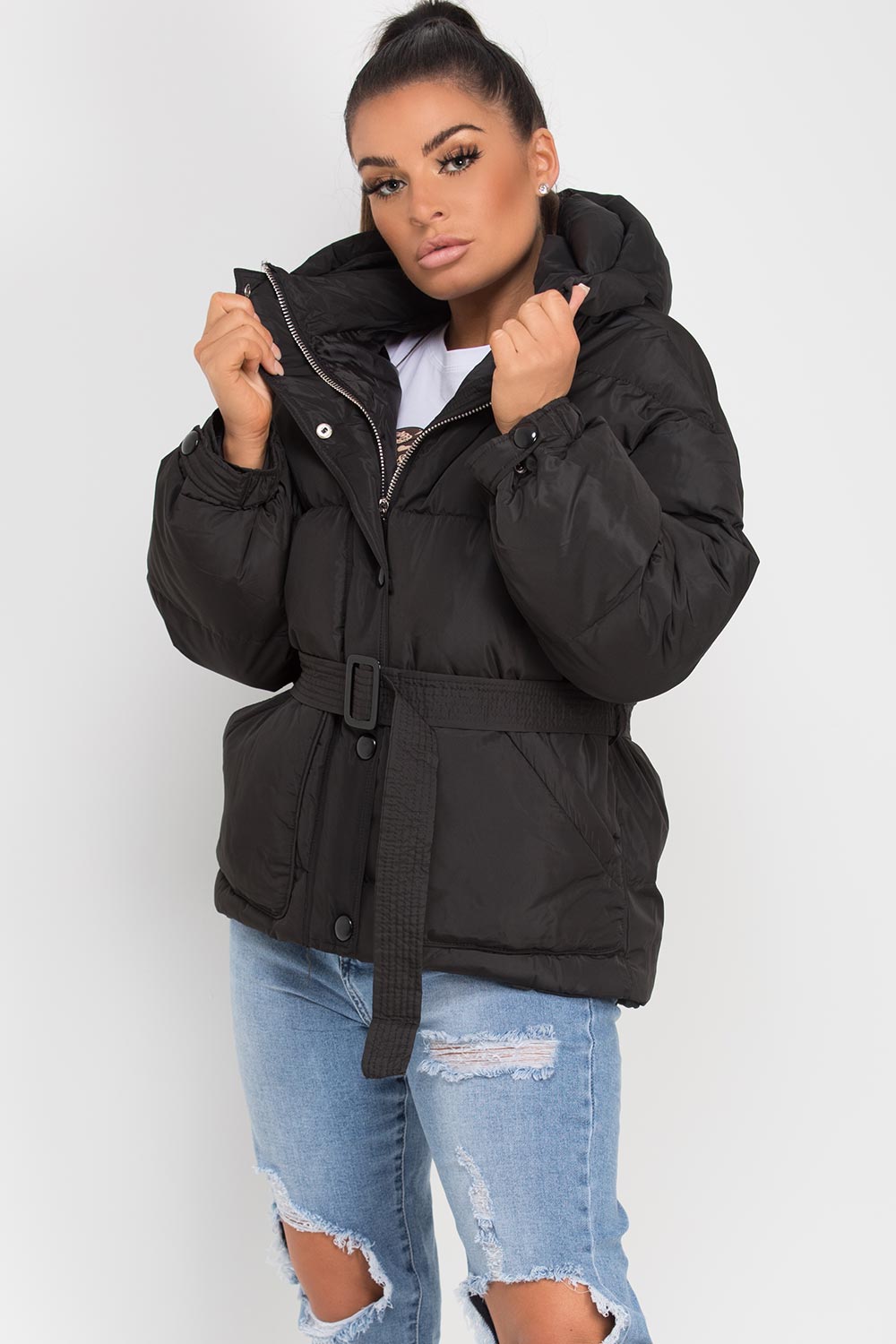 Black Puffer Padded Jacket with Belt | Xtralitty