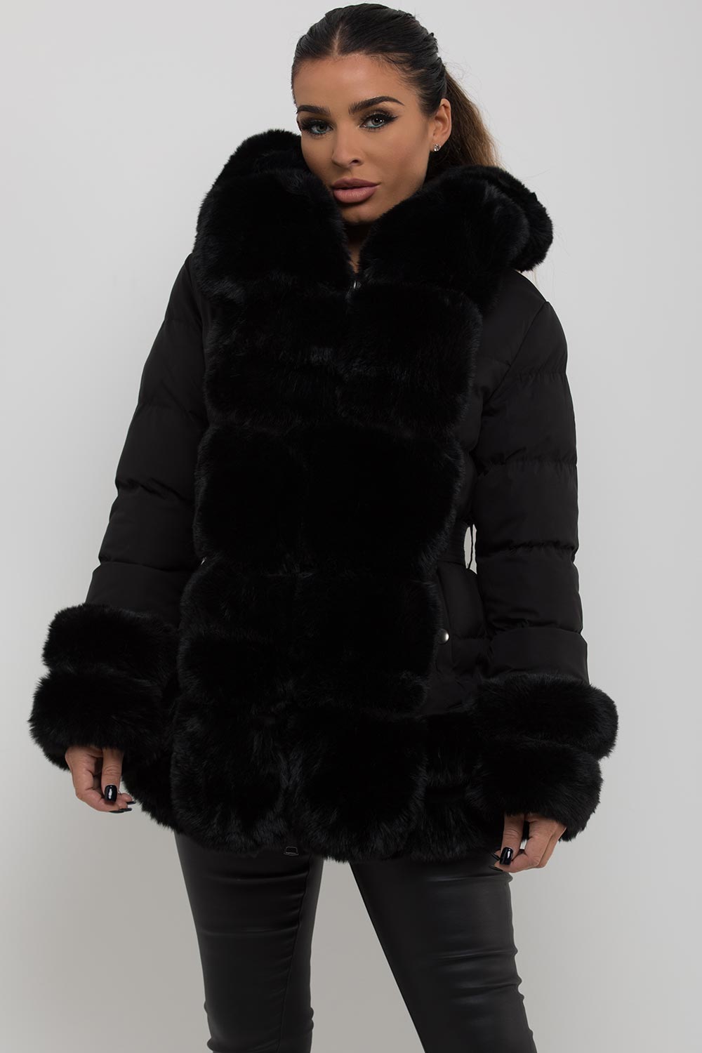 Puffer Jacket with Fur Hood Cuff and Trim Black | Xtralitty