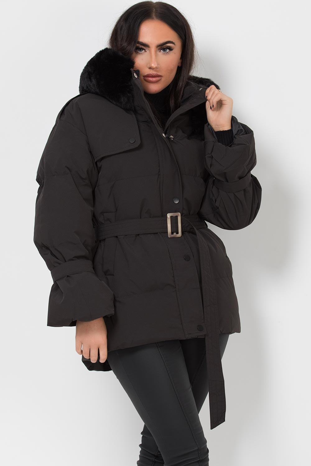 Black Puffer Padded Coat with Faux Fur Hood | Xtralitty