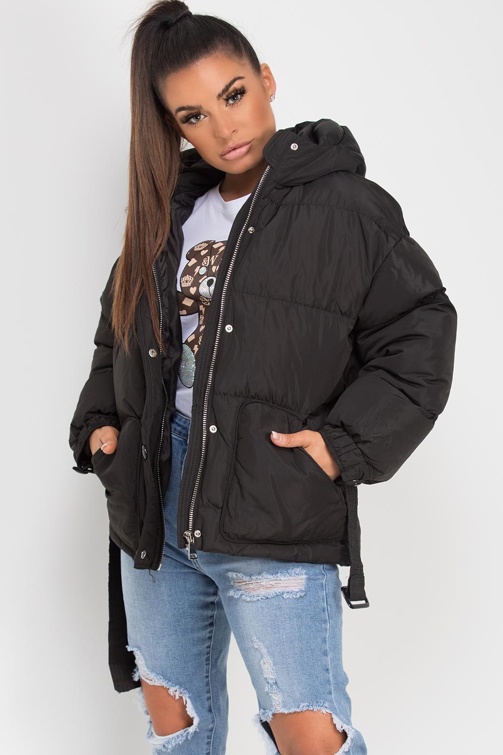 Black Puffer Padded Jacket with Belt | Xtralitty