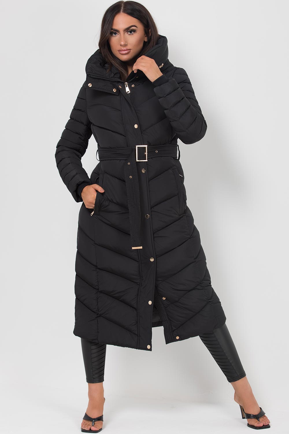 Long Puffer Down Coat with Belt Black | Xtralitty