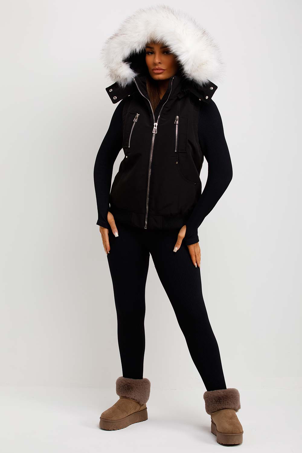 Black Gilet with Faux Fur Hood | Xtralitty