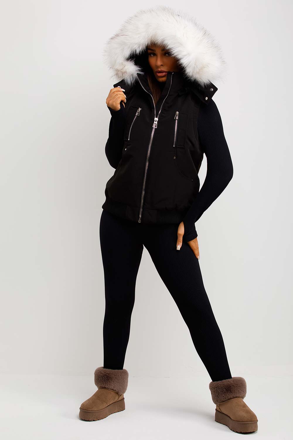 Black Gilet with Faux Fur Hood | Xtralitty