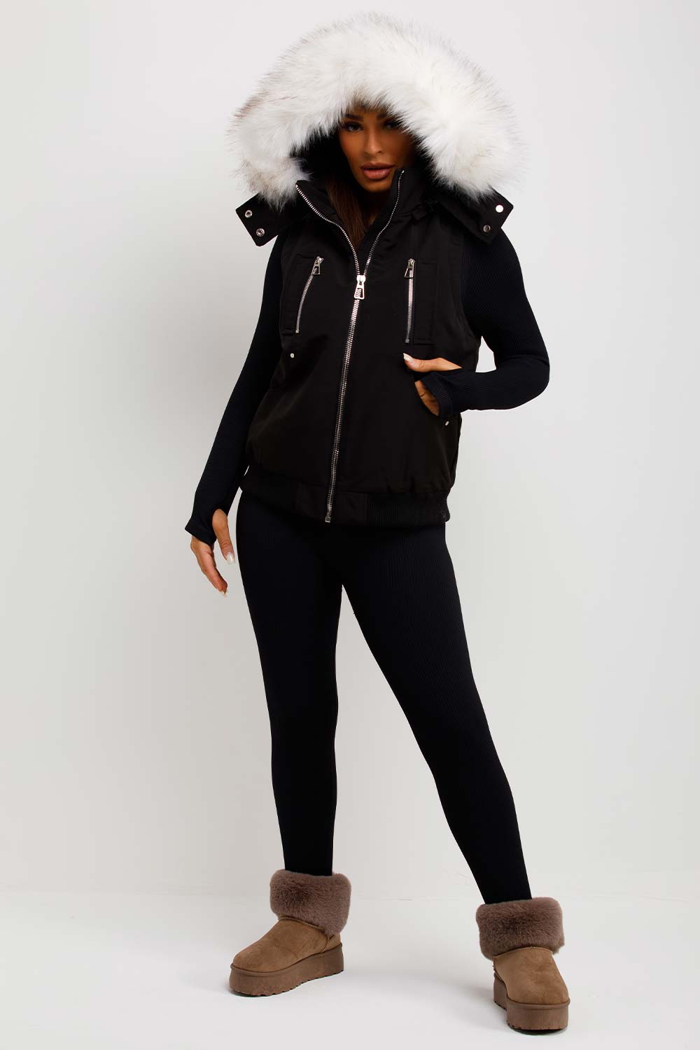 Black Gilet with Faux Fur Hood | Xtralitty