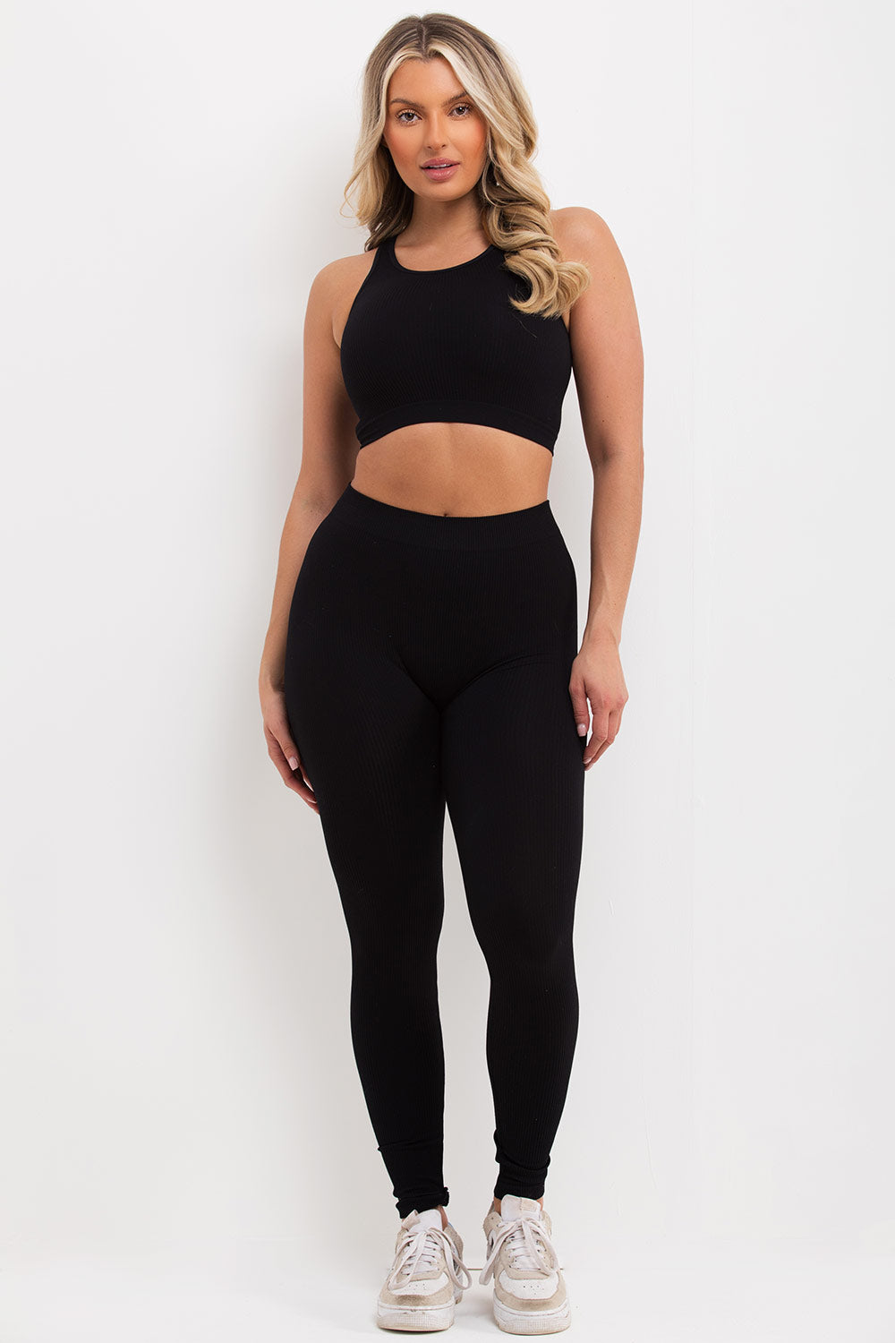 Ribbed Leggings and Crop Top Co Ord Set Black | Xtralitty