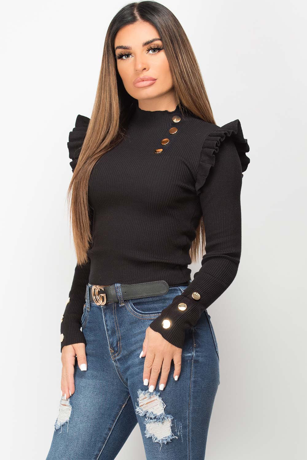 Black Rib Knit Jumper with Frill Gold Button Det | Xtralitty