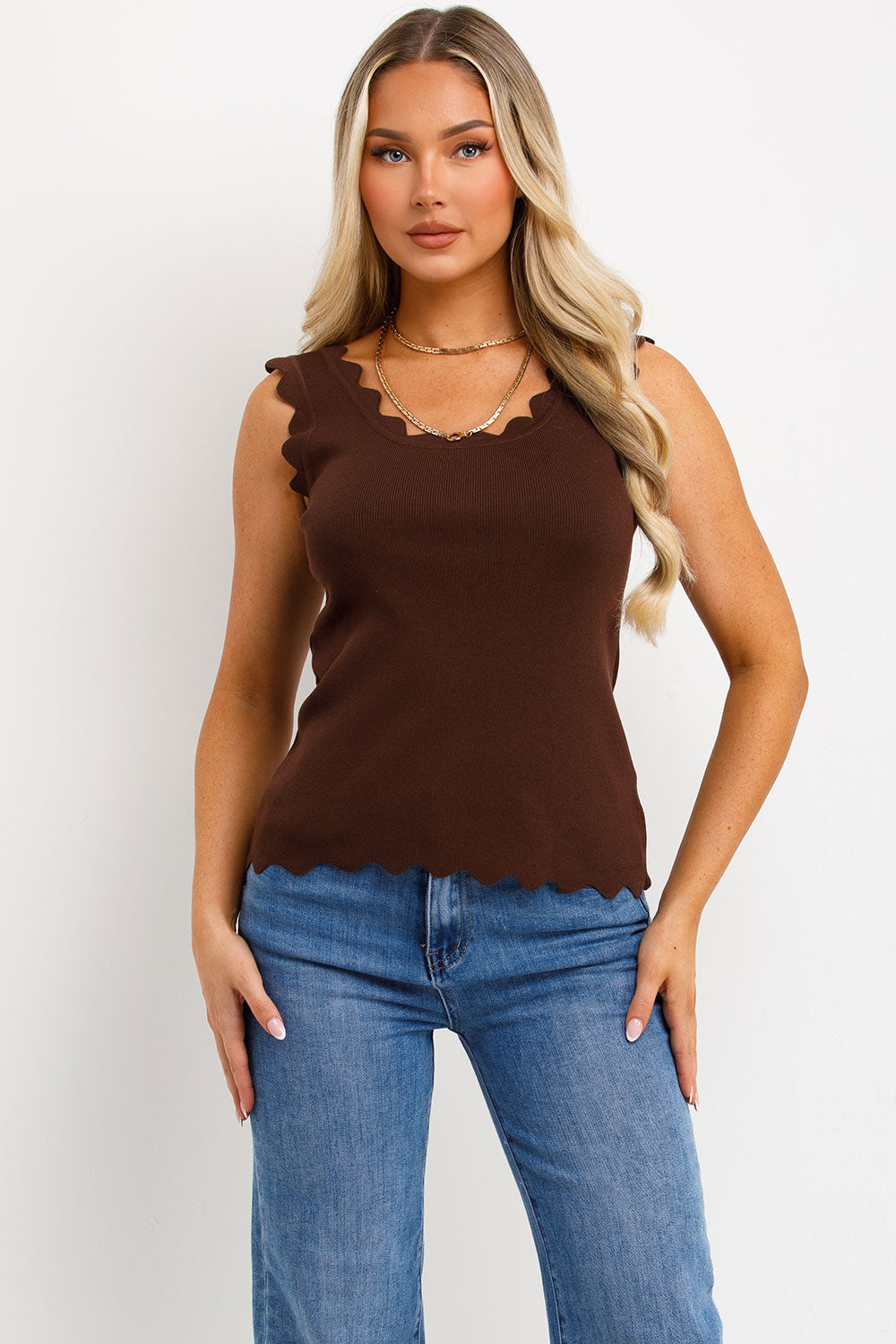 Knitted Cardigan Top with Scalloped Neck Brown | Xtralitty