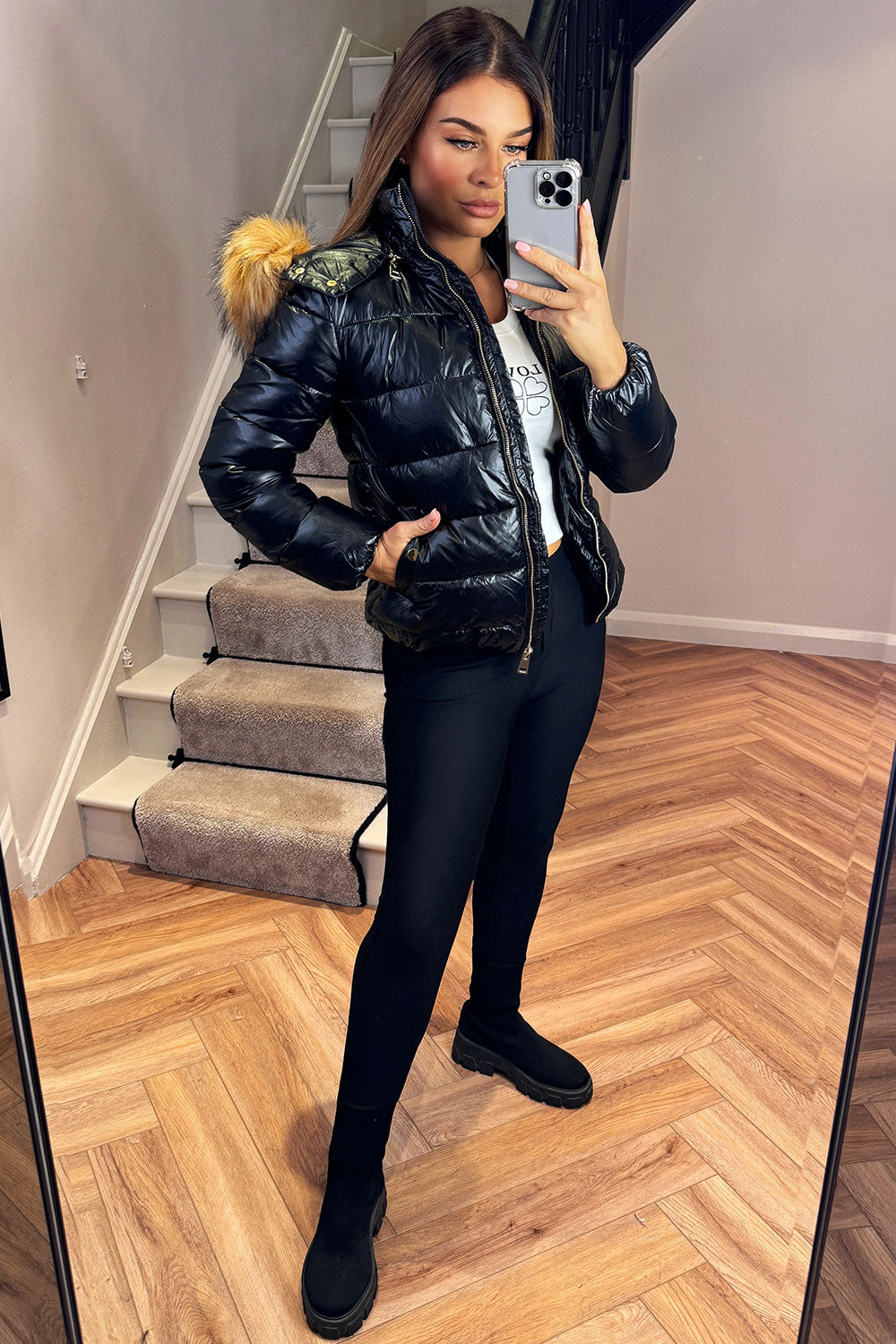 Faux Fur Hood Puffer Jacket Black | Xtralitty