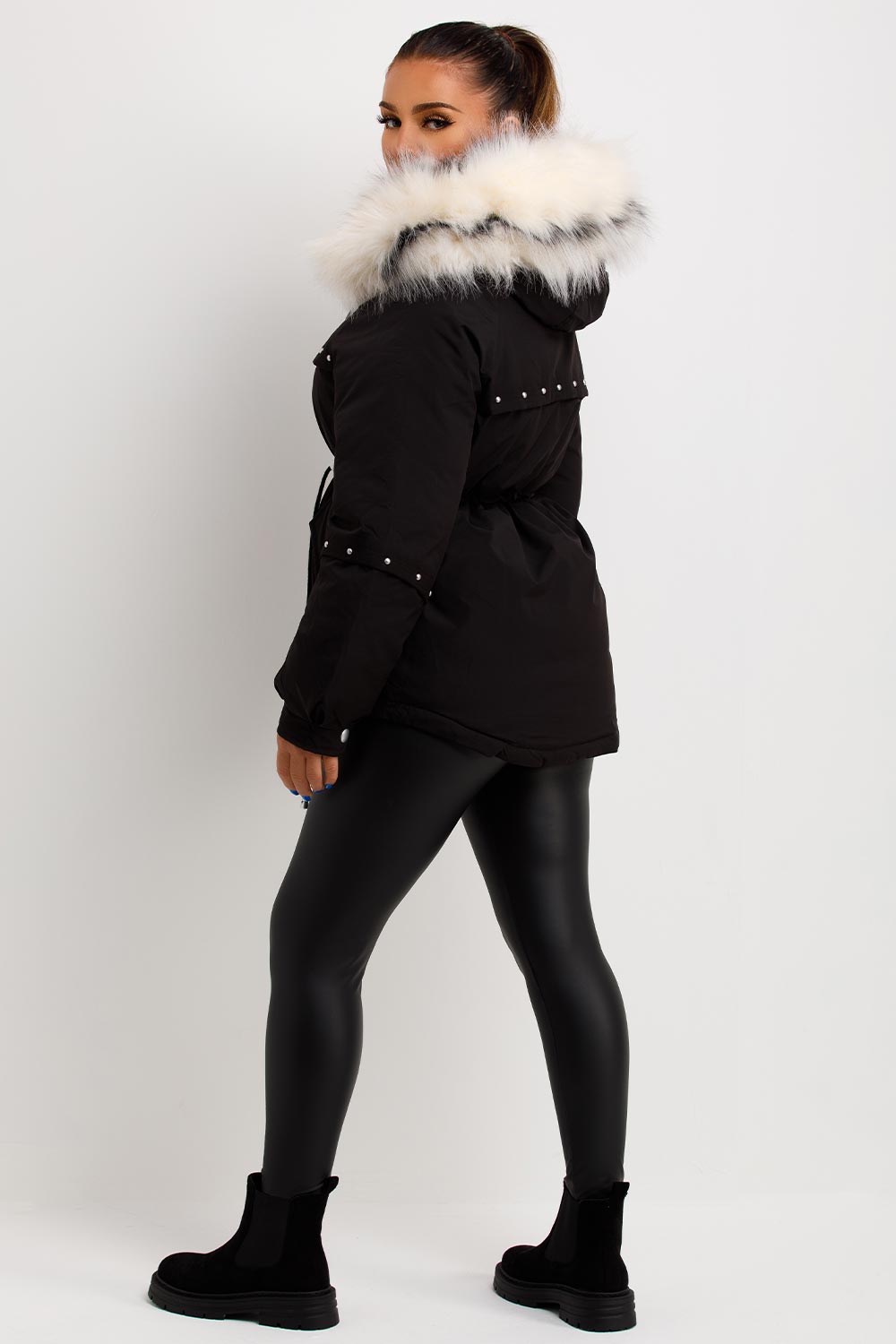 Black Coat with Faux Fur Hood and Drawstring Wai | Xtralitty