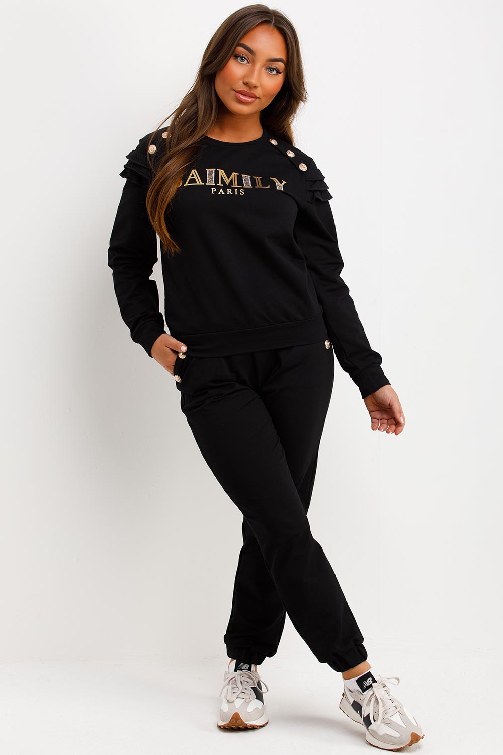 Gold Button Frill Shoulder Loungewear Set Black | Xtralitty