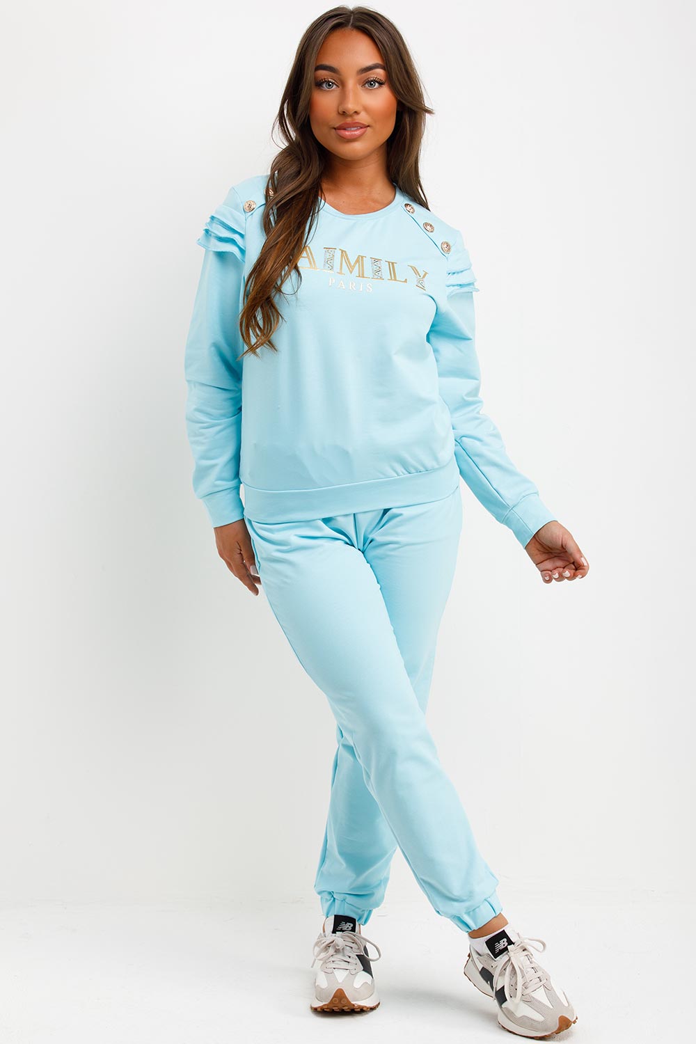 Gold Button Frill Shoulder Loungewear Set Turquo | Xtralitty