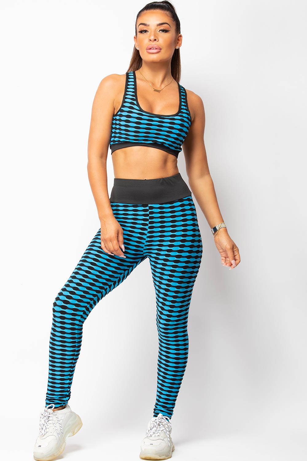 Blue Ruched Bum Push Up Leggings & Crop Top Gym | Xtralitty