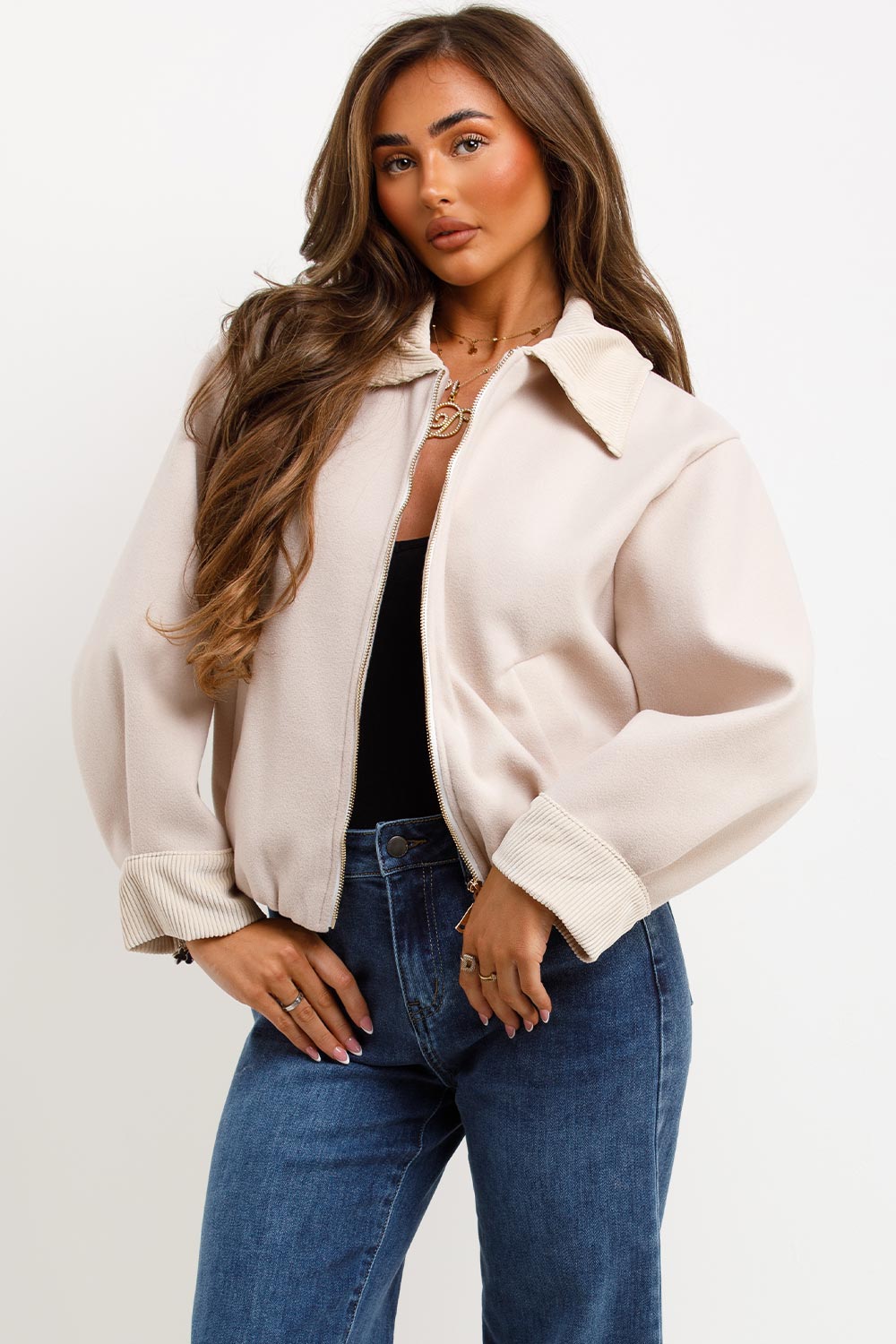 Shorts Bomber Jacket with Collar Beige | Xtralitty