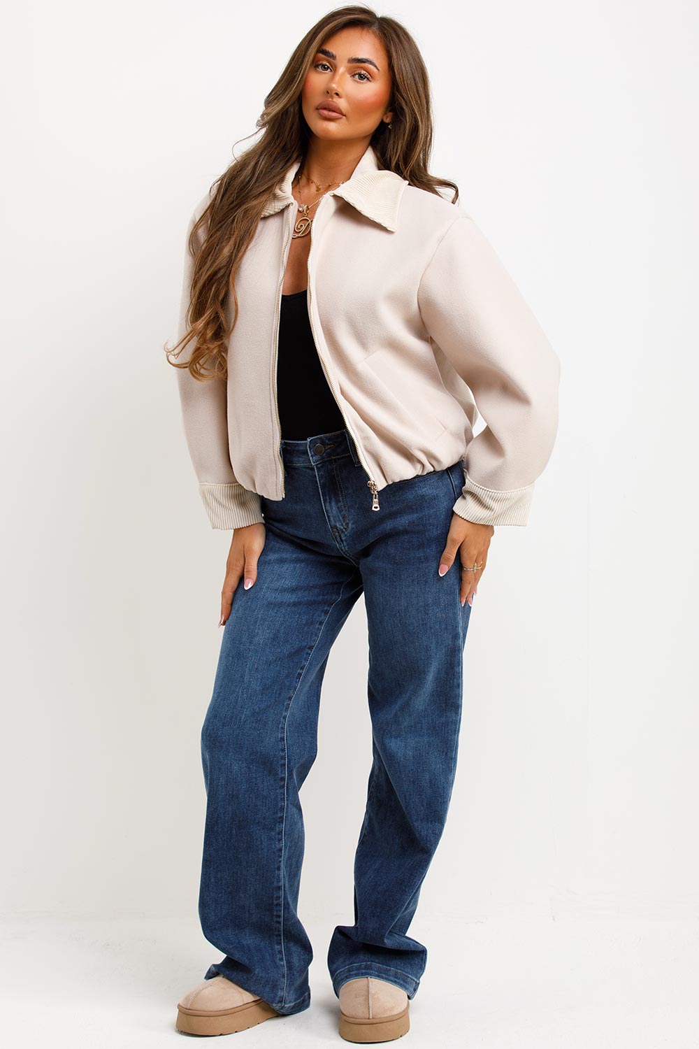 Shorts Bomber Jacket with Collar Beige | Xtralitty