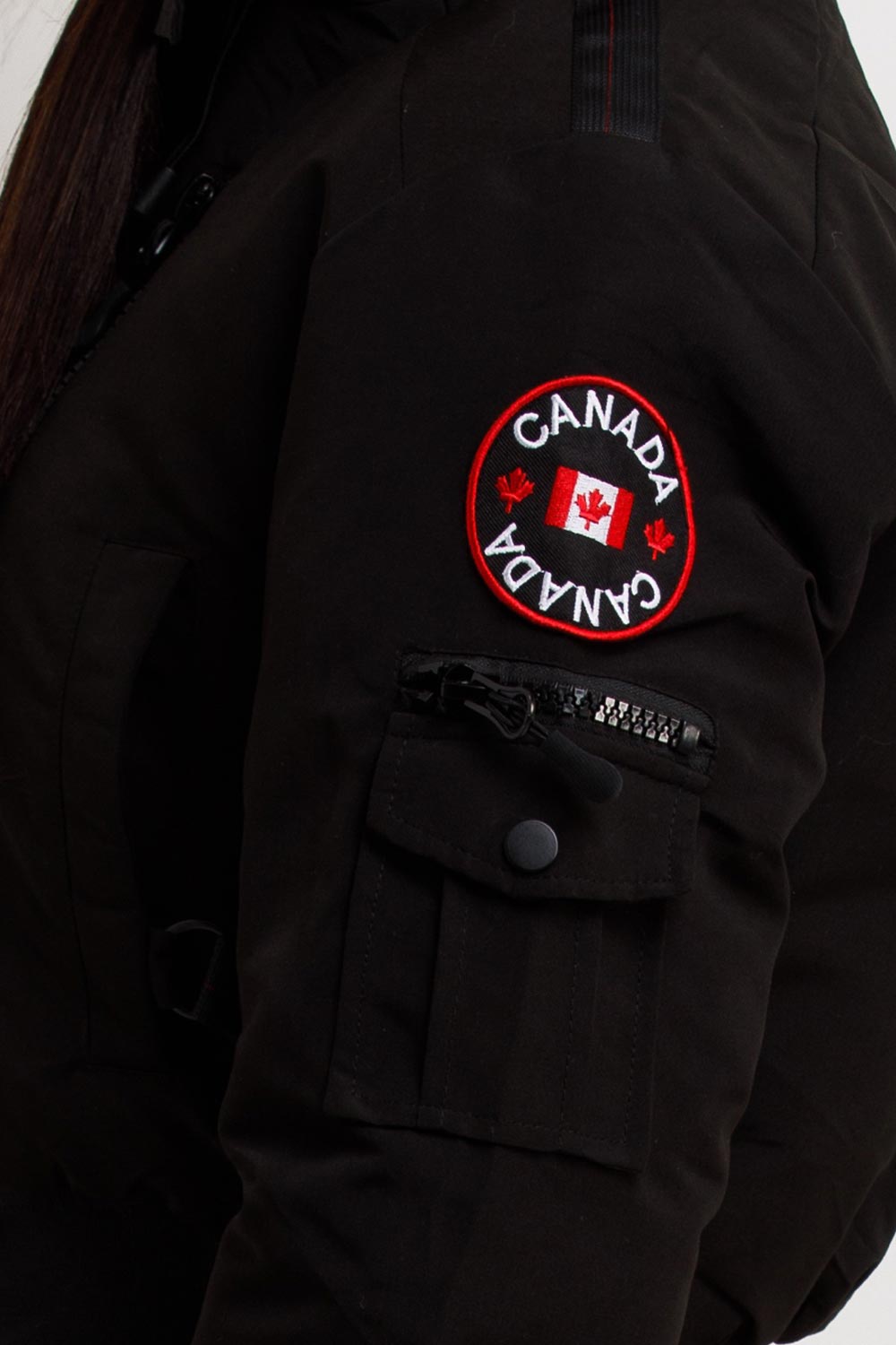 Canada Crop Bomber Jacket with Fur Hood Black | Xtralitty