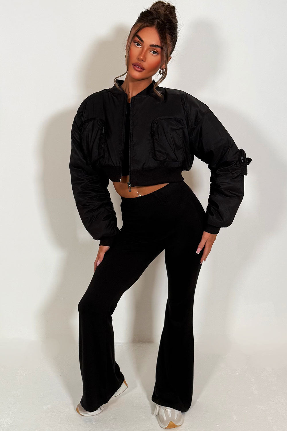 Crop Bomber Jacket with Pockets Black | Xtralitty