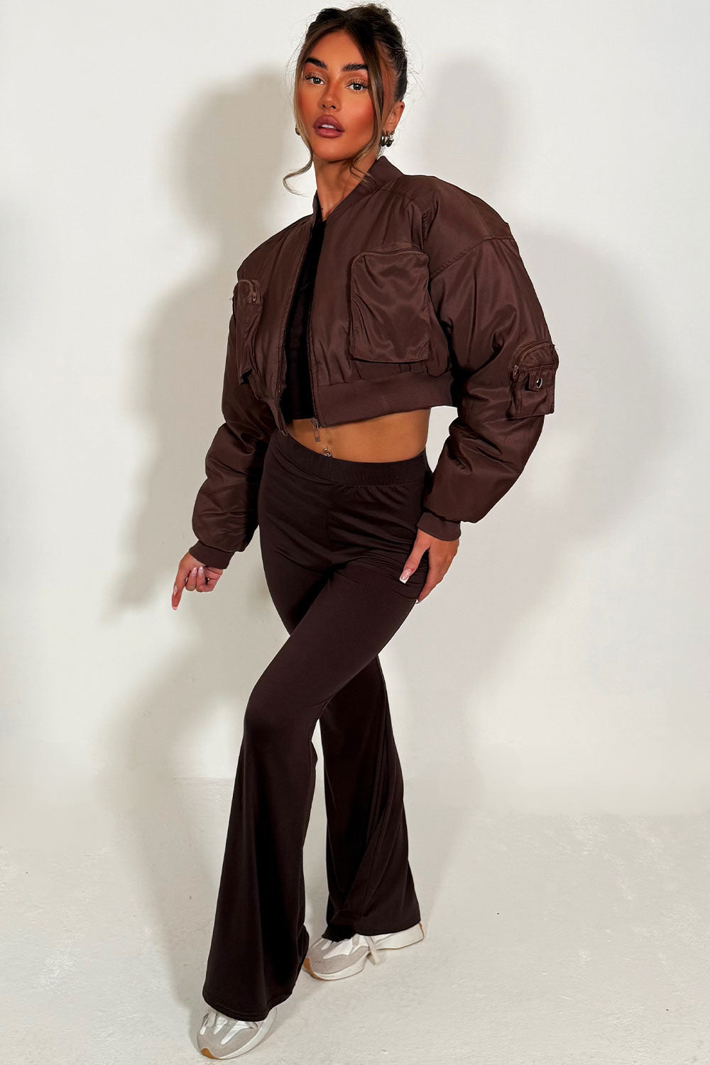 Crop Bomber Jacket with Pockets Brown | Xtralitty