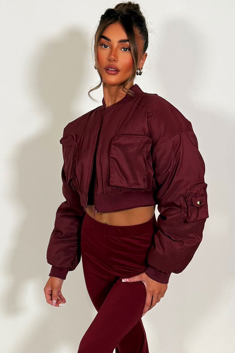 Crop Bomber Jacket with Pockets Burgundy | Xtralitty