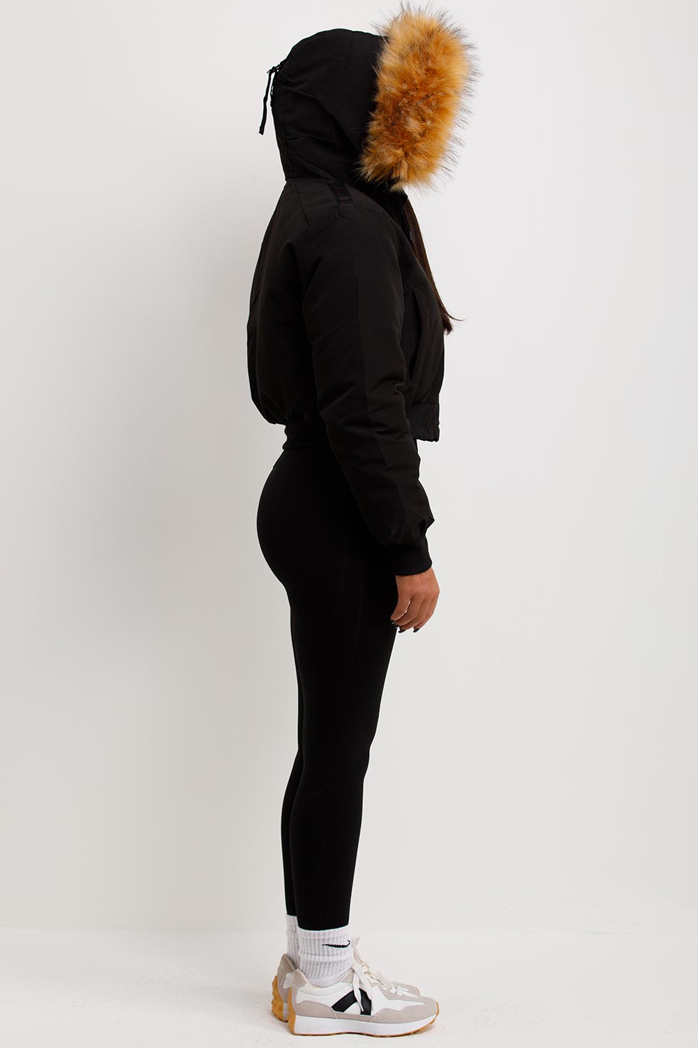 Canada Crop Bomber Jacket with Fur Hood Black | Xtralitty