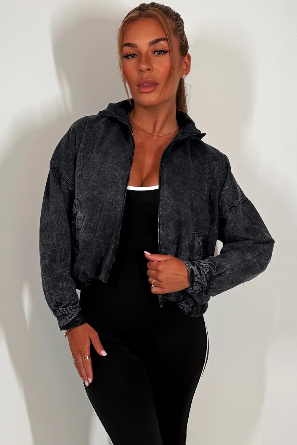 Crop Bomber Jacket Charcoal Acid Wash | Xtralitty