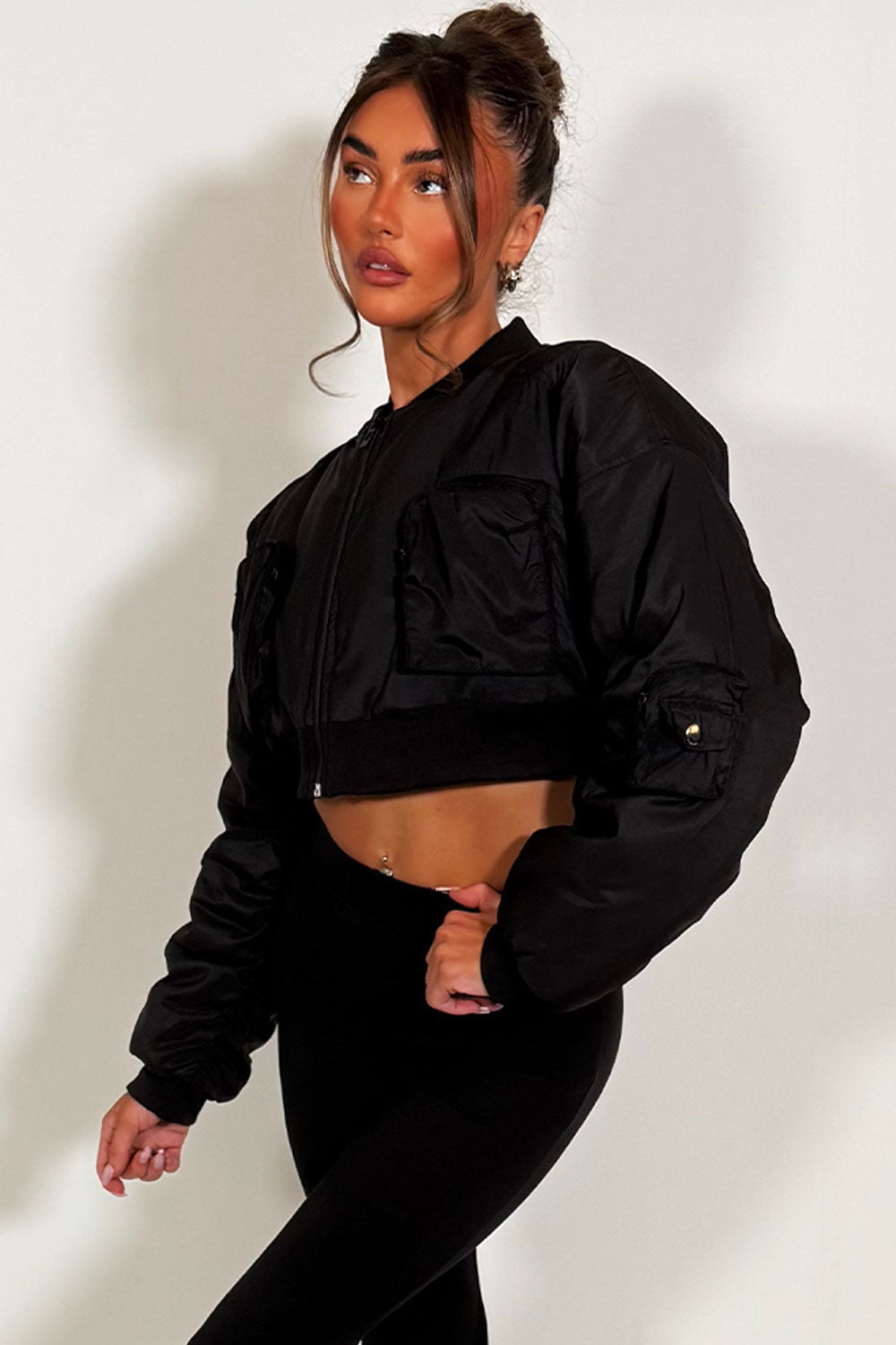 Crop Bomber Jacket with Pockets Black | Xtralitty